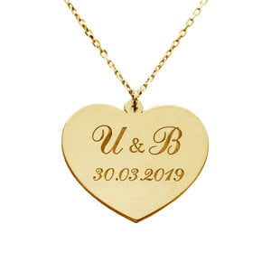 Колье сердце серебряное с желтой позолотой и инициалами и датой
